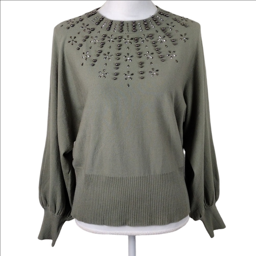 Liv Milano Olive Green Studded Embellished Crew Neck Batwing Sleeve Sweater Top